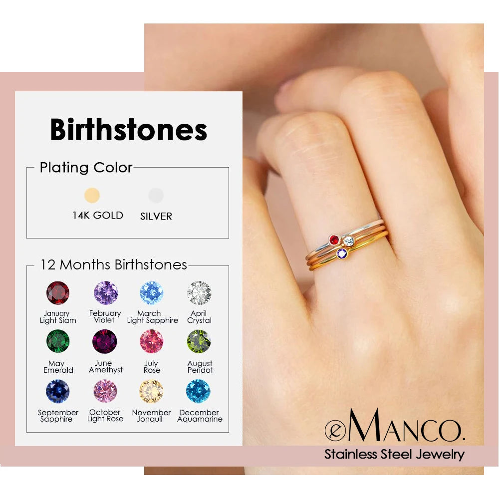 EManco Stainless Steel Birthstone Ring Gold Color Simple Fashion Style for Women Festival Party Gift