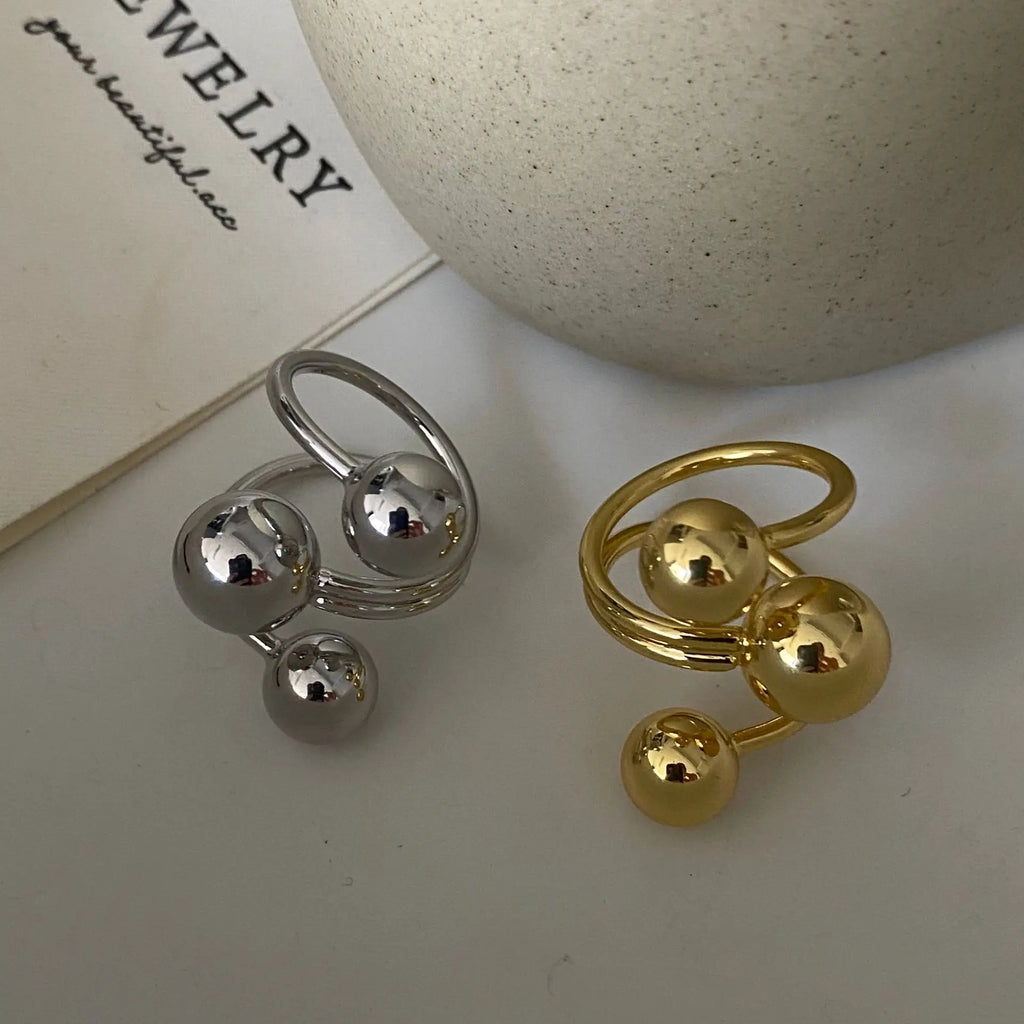 LATS Exaggeration Punk Metal Personality Irregular Three-layer Design Ball-Shape Open Ring for Women Fashion Simple Jewelry Gift