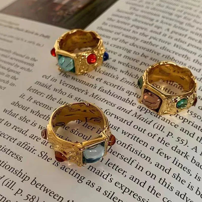 New Punk Tide Individuality Retro Geometric Hollowing Inlay Gem Rings SetLiquid State Metal Three-Piece Rings Set Paty Jewelry