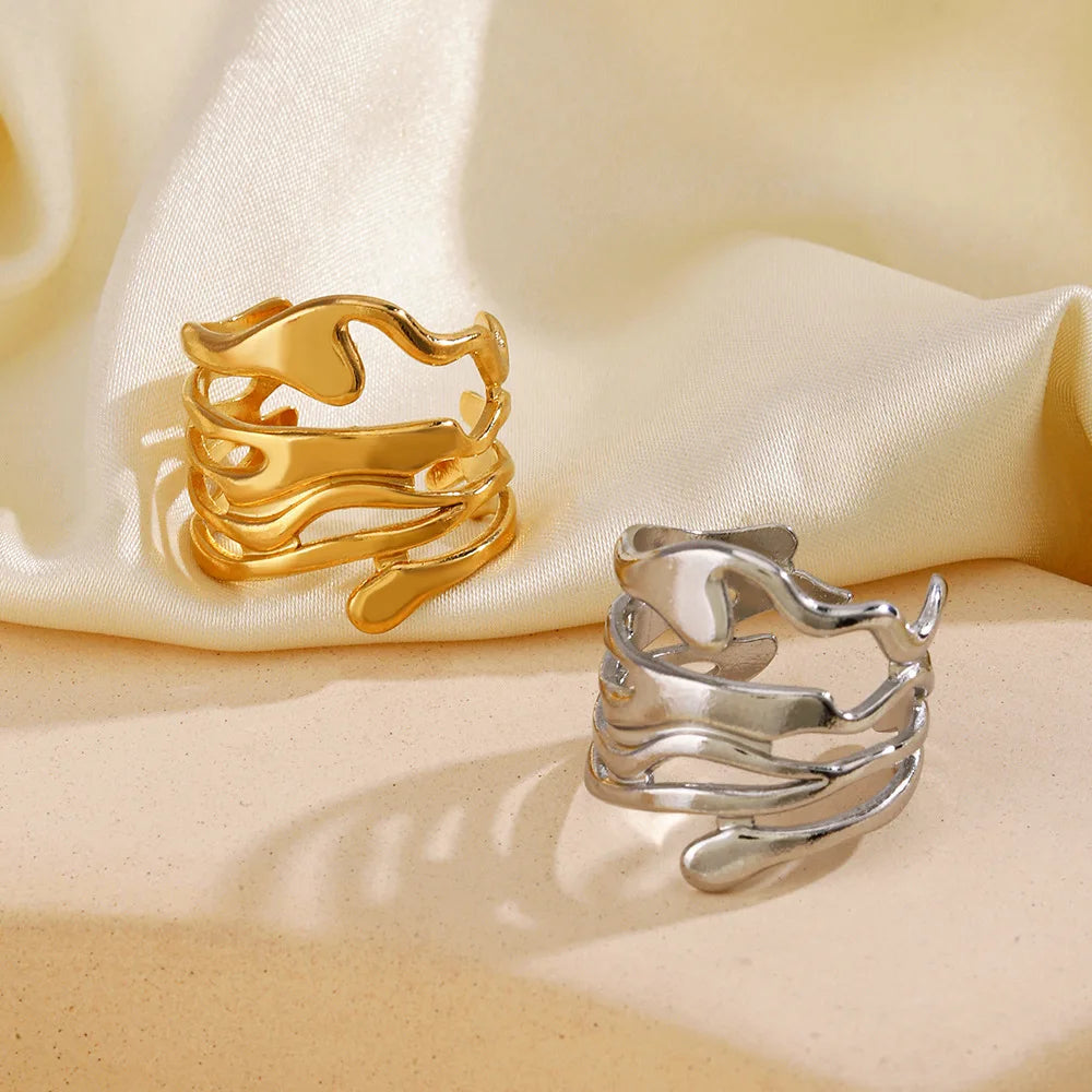 LATS Stainless Steel Lava Irregular Hollow  Ring for Women Metal Texture Waterproof Daily Simple Stylish Golden Rings Jewelry