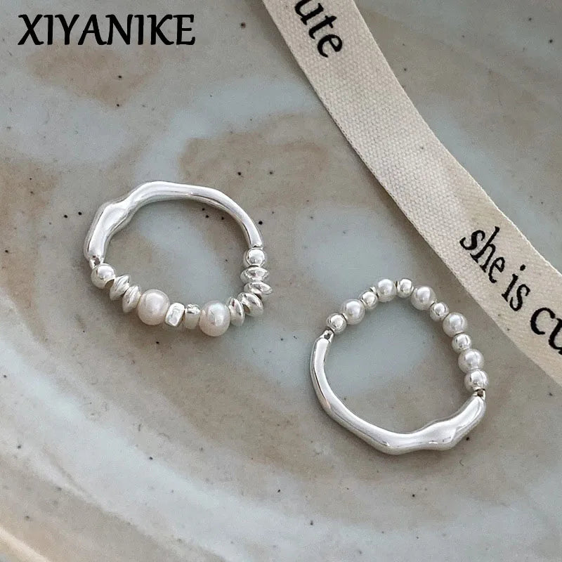 XIYANIKE Asymmetrical Beads Pearl Elastic Cord Rings For Women Girl Luxury Korean Fashion New Jewelry Gift Party кольцо ж