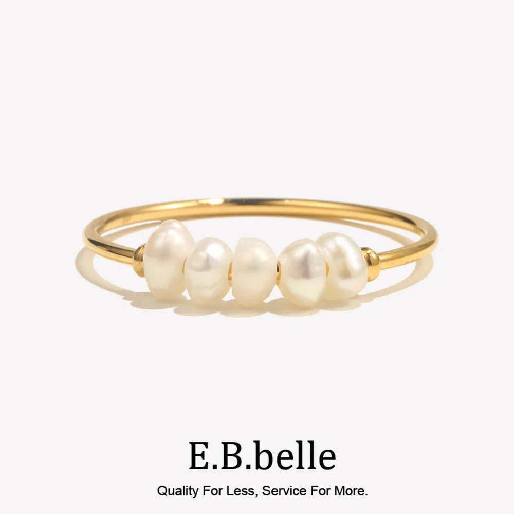 E.B.belle Gold Plated Stainless Steel Freshwater Pearls Rings For Women Accesorios Para Mujer Bagues Acier Inoxydables Femmes