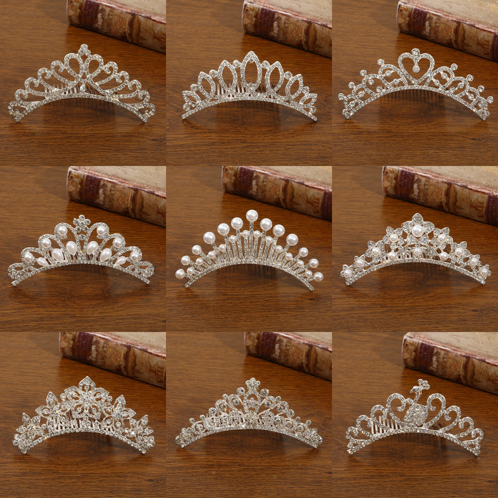 Mini Crowns Pearl Hair Comb Rhinestone Heart Shaped Tiaras Silver Color Hairpin Wedding Accessories Bridal Princess Hair Jewelry