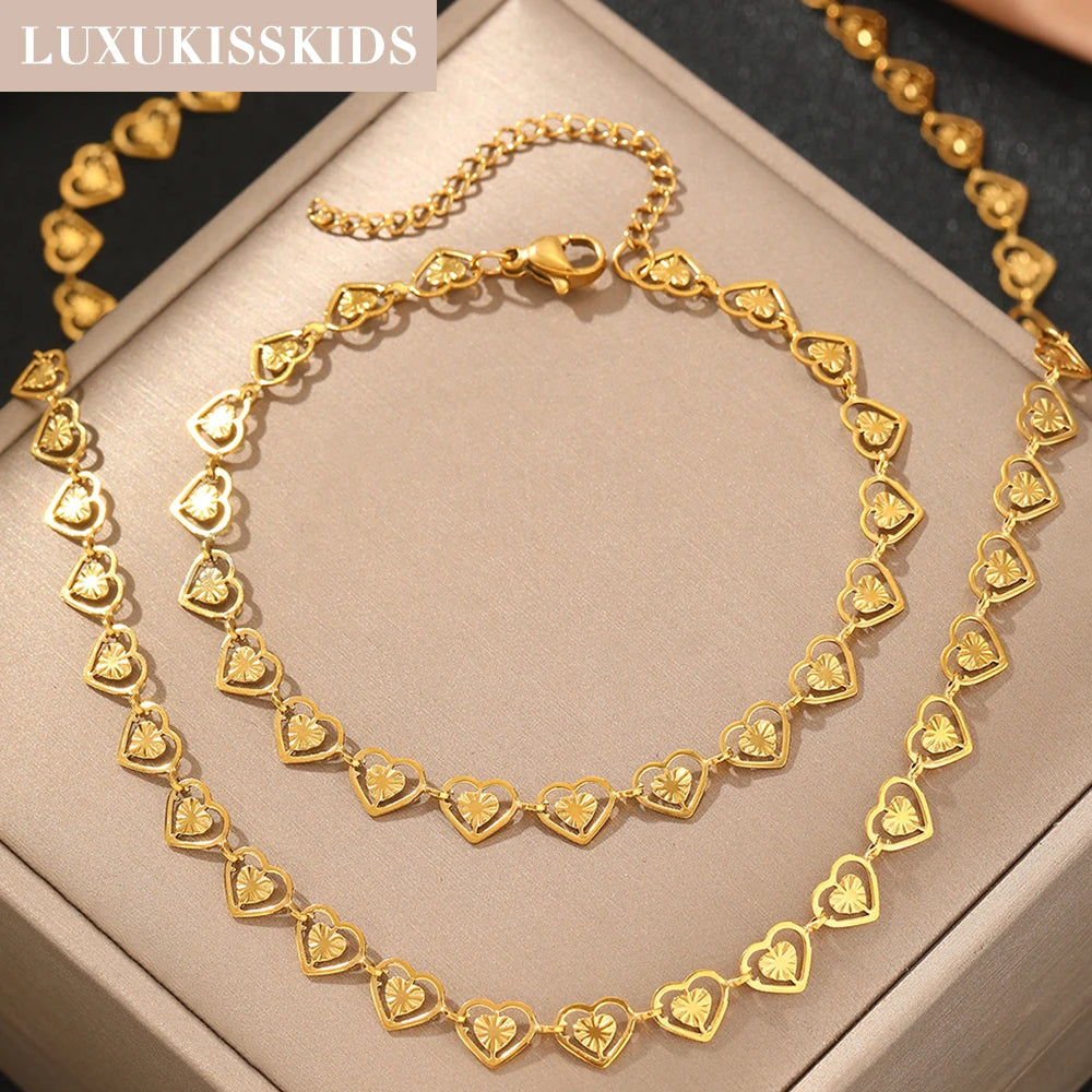 LUXUKISSKIDS Fashion Cubic Love Heart Minimalist Jewelry Set Necklace Earrings Bracelets Stainless Steel Women Party Accessories