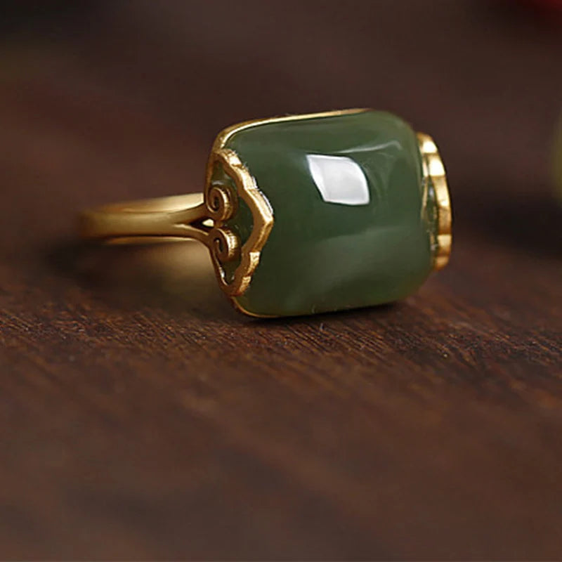 PANJBJ 925 Sterling Silver Hotan Jade Geometric Ring for Women Girl Adjustable Retro Delicate Jewelry Birthday Gift Dropshipping