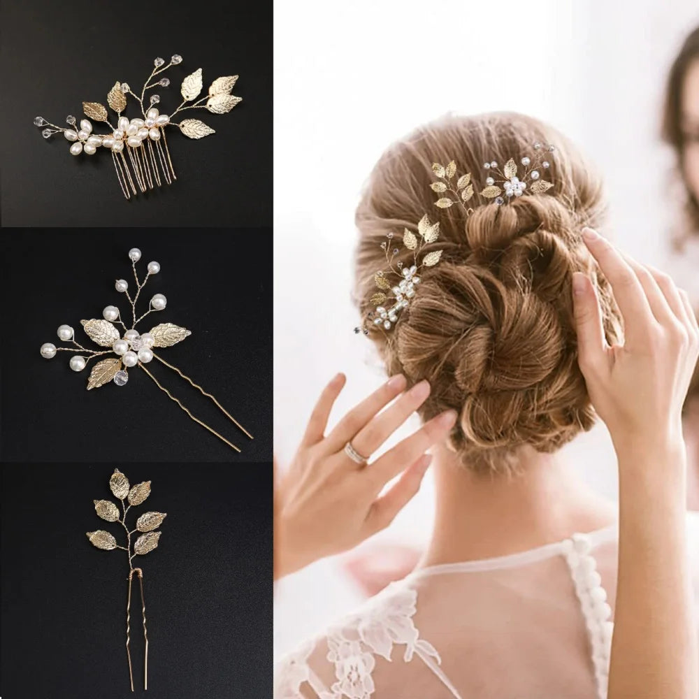 Pearl Hairpin With Side Comb Wedding Hair Accessories Golden Leaf Beads Flower Hair Clip U-shaped Alloy Headwear Fashion Jewelry
