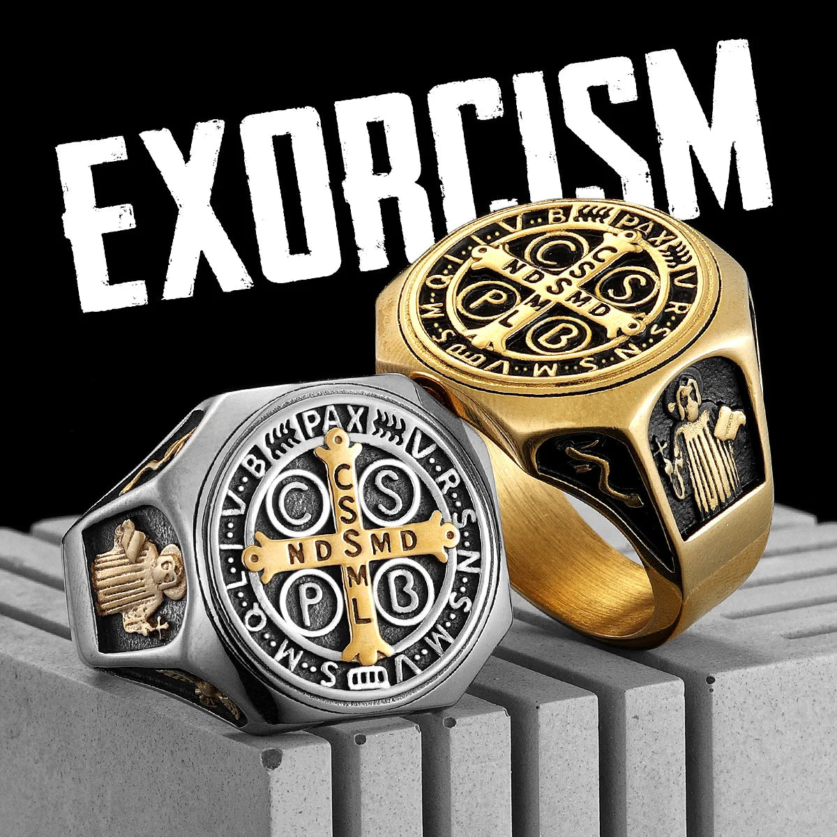 Catholic Saint Benedict Exorcism Amulet  Men Rings Stainless Steel Women Jewelry Vintage Punk Fashion Accessories Gift Wholesale