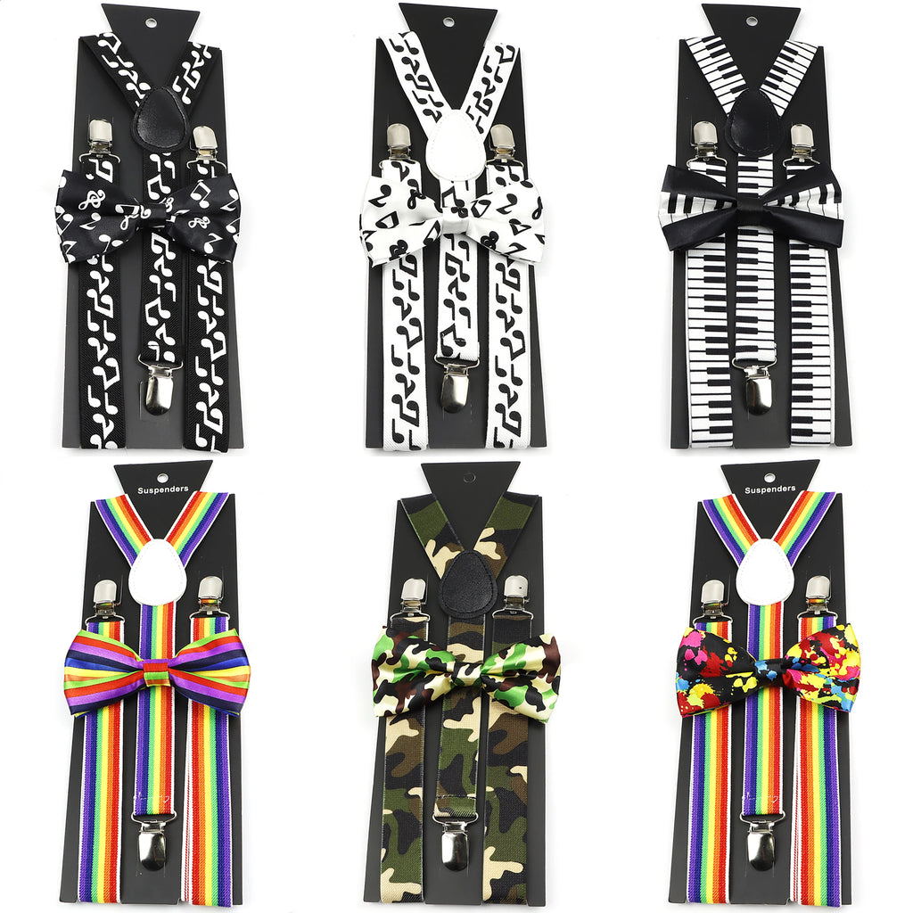 Novelty Musical Notes Printed Suspender Bowtie Sets For Men Kids Elastic Y-back Straps Butterfly Wedding Groomsman Accessory