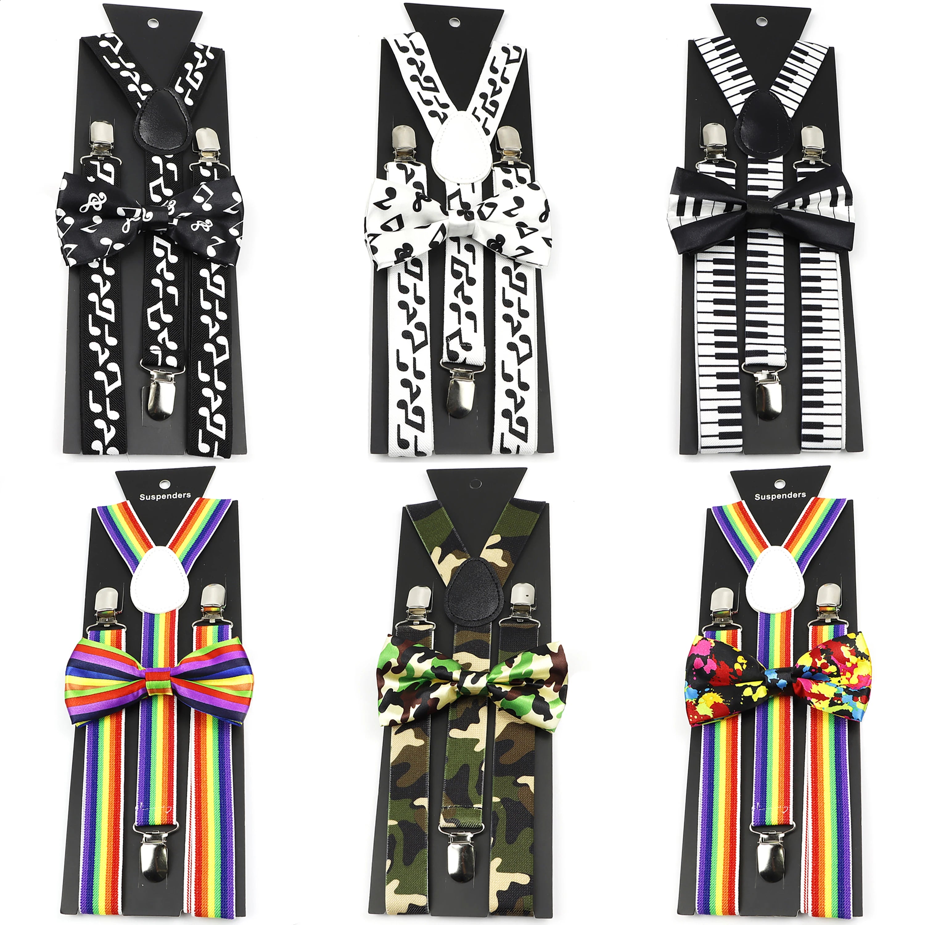 Novelty Musical Notes Printed Suspender Bowtie Sets For Men Kids Elastic Y-back Straps Butterfly Wedding Groomsman Accessory
