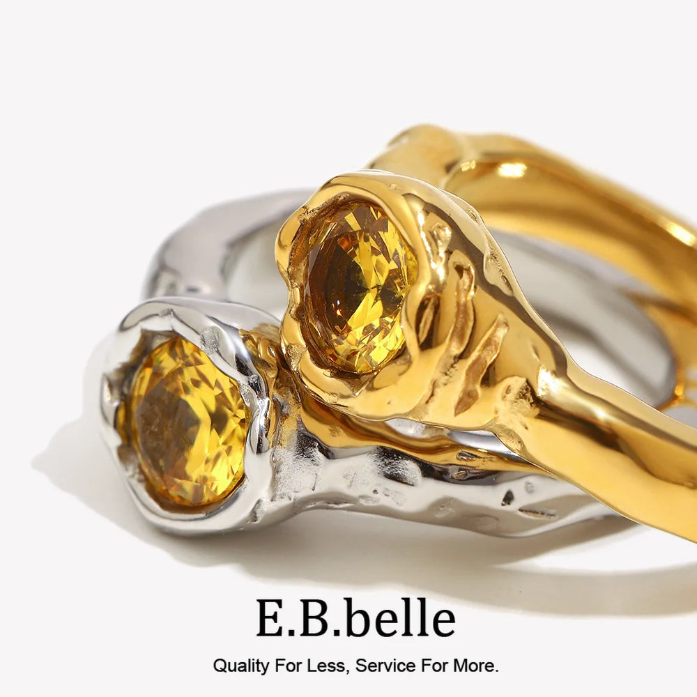 E.B.belle Fashion Women's Shiny Single Champagne Color Zircon Thin Rings Gold Plated Stainless Steel  Jewelry Accessories