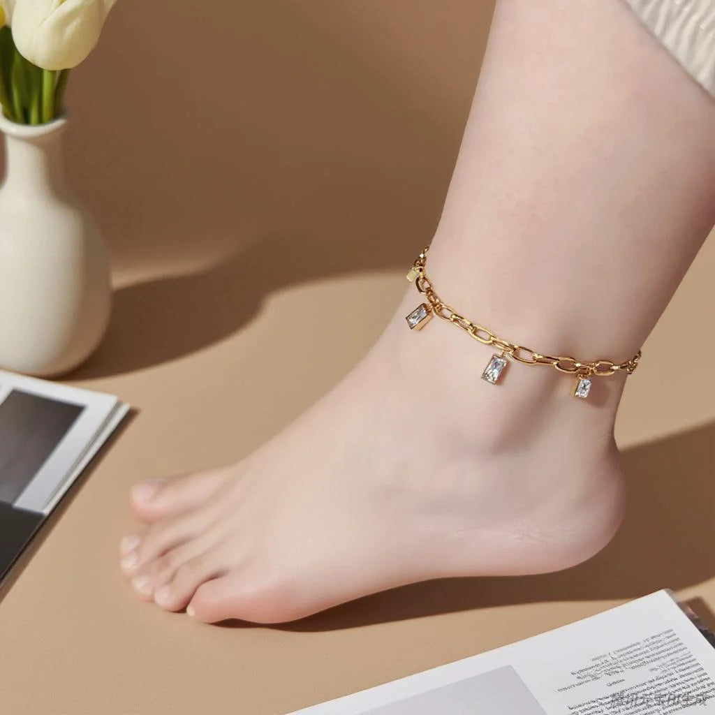 316L Stainless SteelSquare Zircon Anklets Women New Trend Foot Chains Anti-Rust Jewelry Holiday Gift
