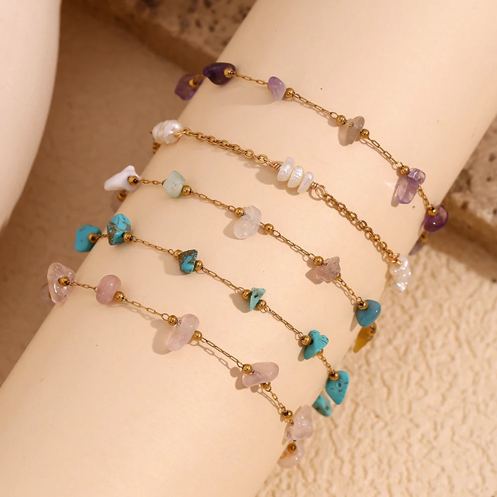 E.B.belle Natural Crushed Stone Handmade Foot Chains 18K Gold Plated Jewelry 316L Stainless Steel Bracelet for Women