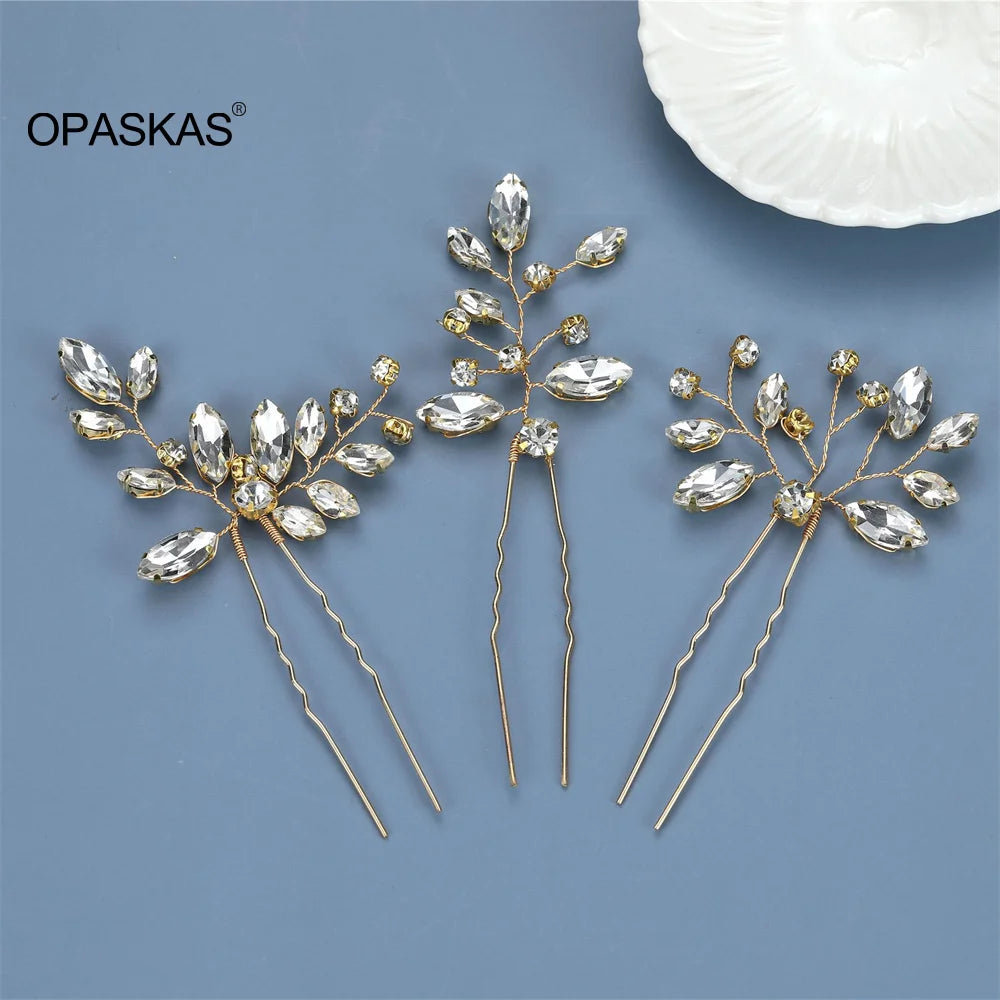 Bride U-shaped Hairpins Wedding Hair Accessories Rhinestone Leaf Shaped Hair Clips Fashion Party Side Comb Hair Jewelry Sets