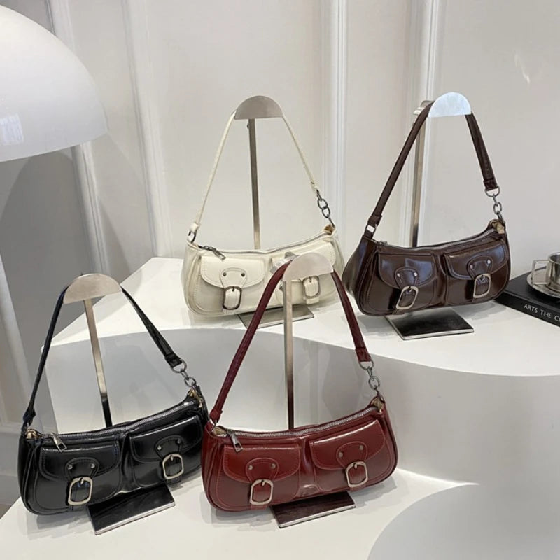 Fashion Pu Leather Women's Shoulder Bag Small Double Pocket Design Ladies Underarm Bags Y2k Vintage Female Handbags Clutch Purse