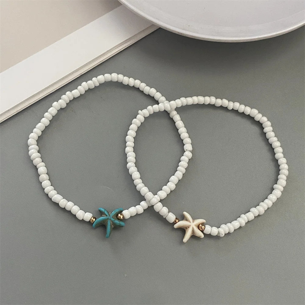 1 PC Starfish Anklet Rice Beads Handmade White Color Foot Bracelet Jewelry Gift for Friend Summer Gift Foot Bracelet