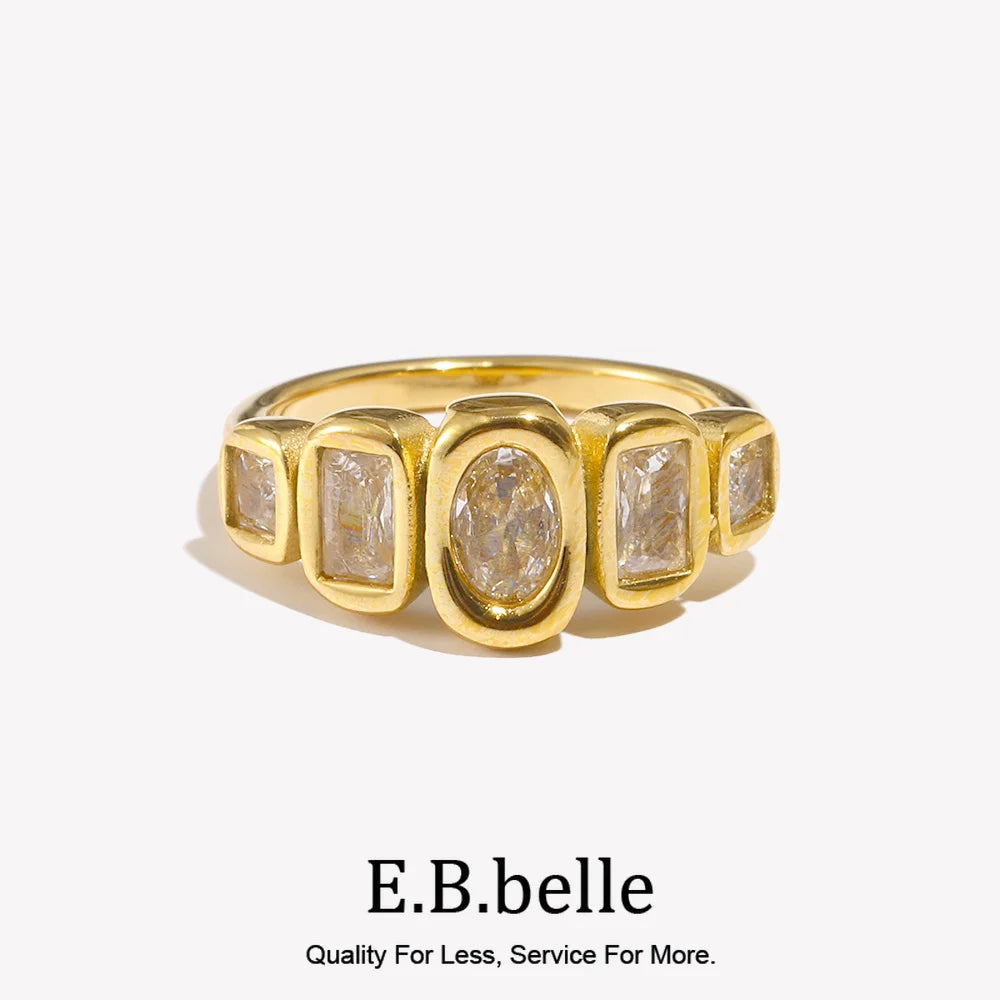 E.B.belle High Quality Geometric Clear Zircon Ring Classic Style18k Gold Plated Popular Jewelry Charm Hypoallergenic