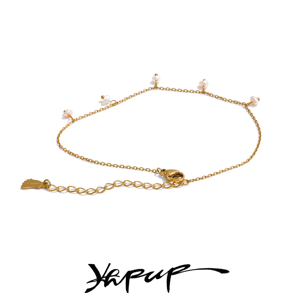 Yhpup Summer Arrival Natural Pearls Drop Chain Foot Accessories Anklet for Women Waterproof Sandy Beach Stainless Steel Jewelry