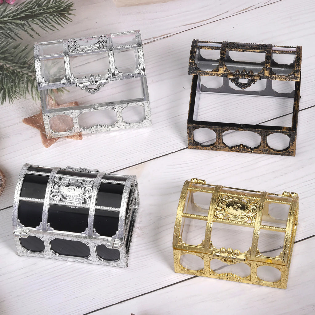 1Pcs Vintage Transparent Storage Organizer Box Treasure Chest Pirate Treasure Box Crystal Gem Jewelry Box Plastic Earrings Chest