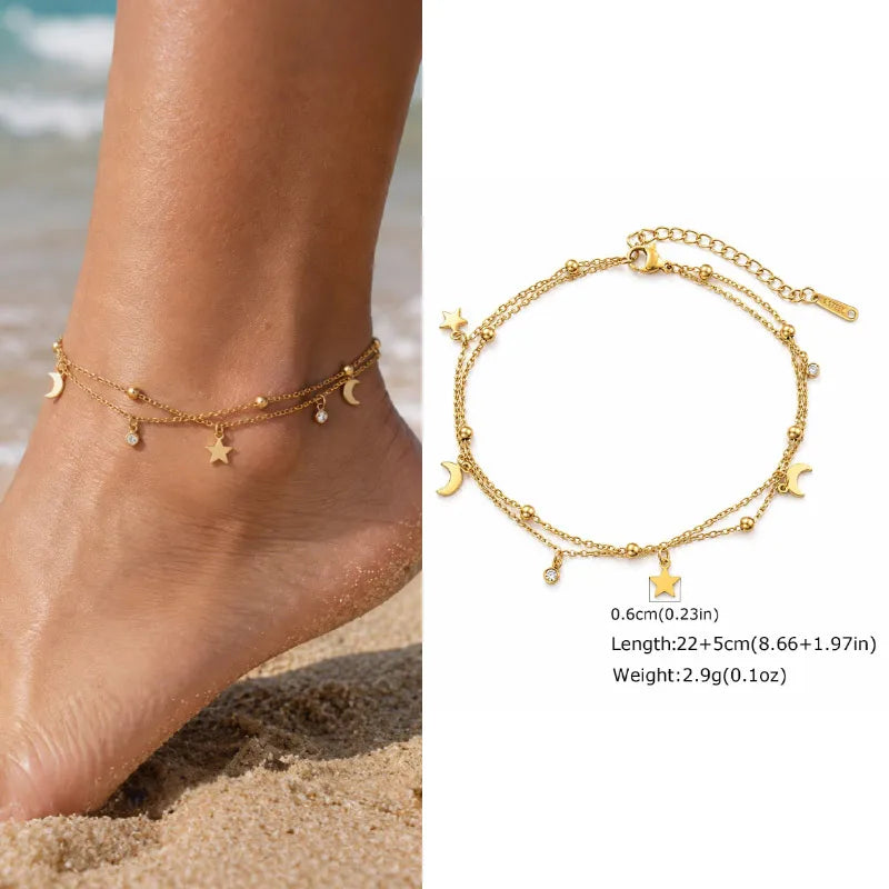 Waterproof Layered Anklet Bracelet for Women, Adjustable Gold Plated with Zirconia Stainless Steel Link Foot Chain Jewelry