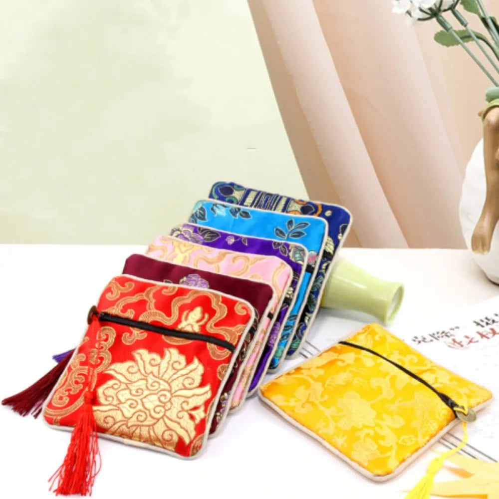 Chinese Brocade Jewelry Bag Handmade Silk Embroidery Tassel Zipper Satin Gift Bag Jewelry Packaging Pouches Coin Purse Wholesale