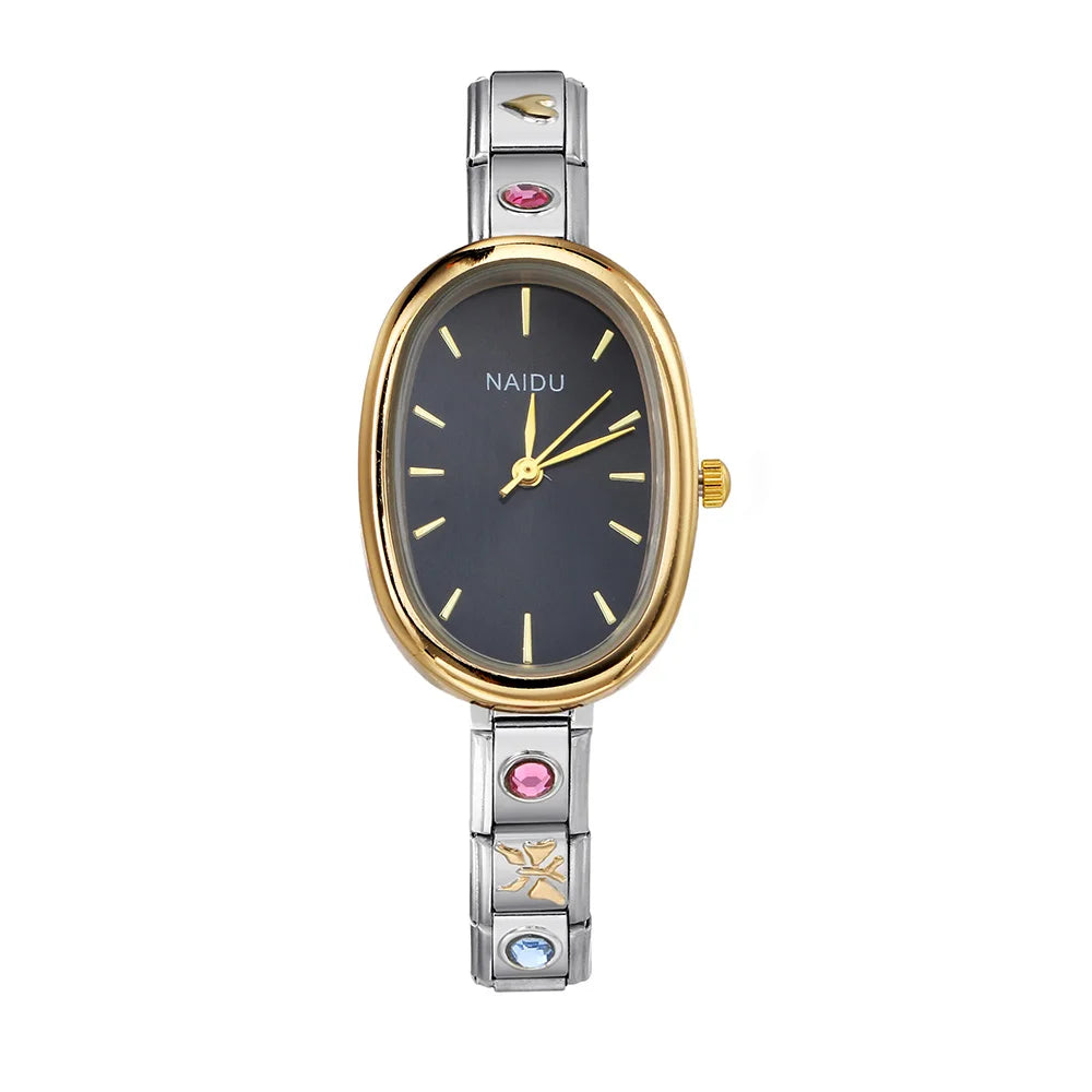 GEMOSA Modern Oval Casual Vintage Design Quartz Watches Women Ladies Stainless Steel Width 9mm Strap Party Birthday Perfect Gift