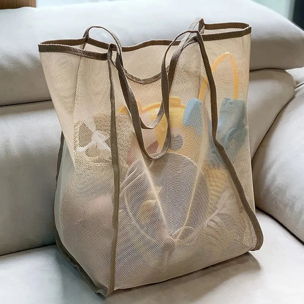New Fashion INS Style Mesh Shoulder Bag Transparent Lightweight Handbag Large Capacity Portable Beach Mesh Shopping Bag