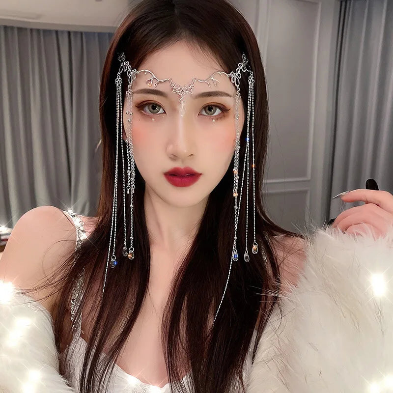 Rhinestone Fringed Forehead Chain Shiny Crystal Fairy Headdress Bridal Romantic Oriental Wedding Hair Accessories Jewelry Gifts