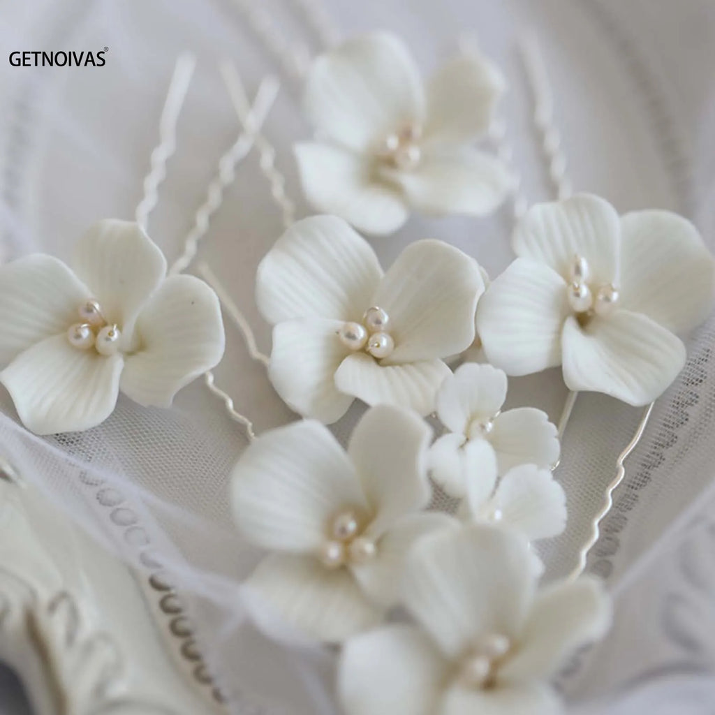 Simple White Ceramic Flowers Hairpins Clips Bridal Hair Clips Pins Wedding Jewelry Women Hair Piece Wedding Hair Accessories