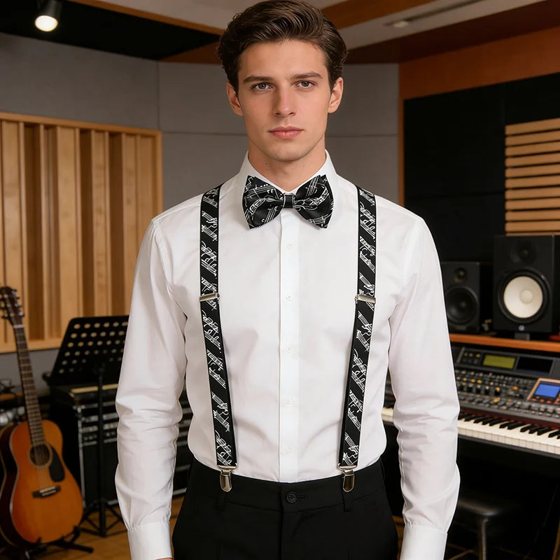 Unisex Y-Shape Suspender Bowtie Set Score Line Music Note Office Casual Braces for Trousers Pants Holder Top Mix Match Women Men