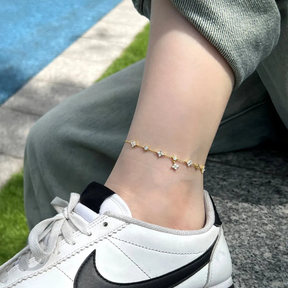 925 Sterling Silver Clover Design Ankle Bracelet for Women Dainty CZ Charm Chain Anklet Adjustable Lucky Flower Foot Jewelry