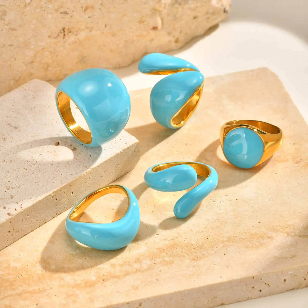 Chunky Open Twist Stackable Rings for Women, Blue Geometric Bold Enamel Crossover Statement Ring Band Waterproof