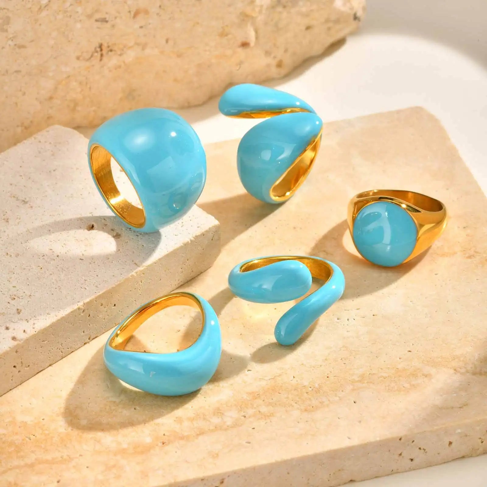 Chunky Open Twist Stackable Rings for Women, Blue Geometric Bold Enamel Crossover Statement Ring Band Waterproof