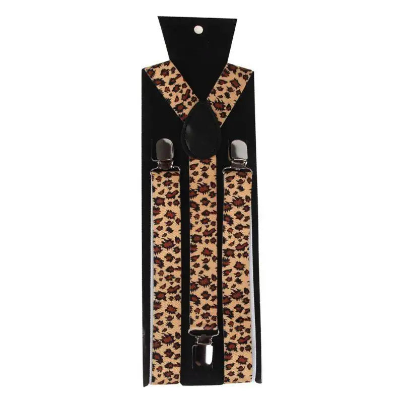 39BB Unisex Suspender Bow Tie Set Wide Leopard Print Adjustable 3 Clip-On Y-Back Belt