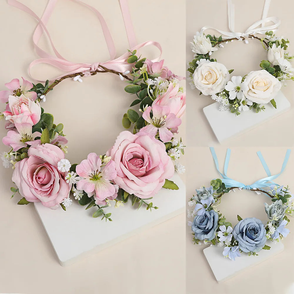 Flower Crown Wreath Bride Garland with Ribbon Communion Wreath Handmade Headband Headpiece Fairy Tiaras Wedding Hair Accessories