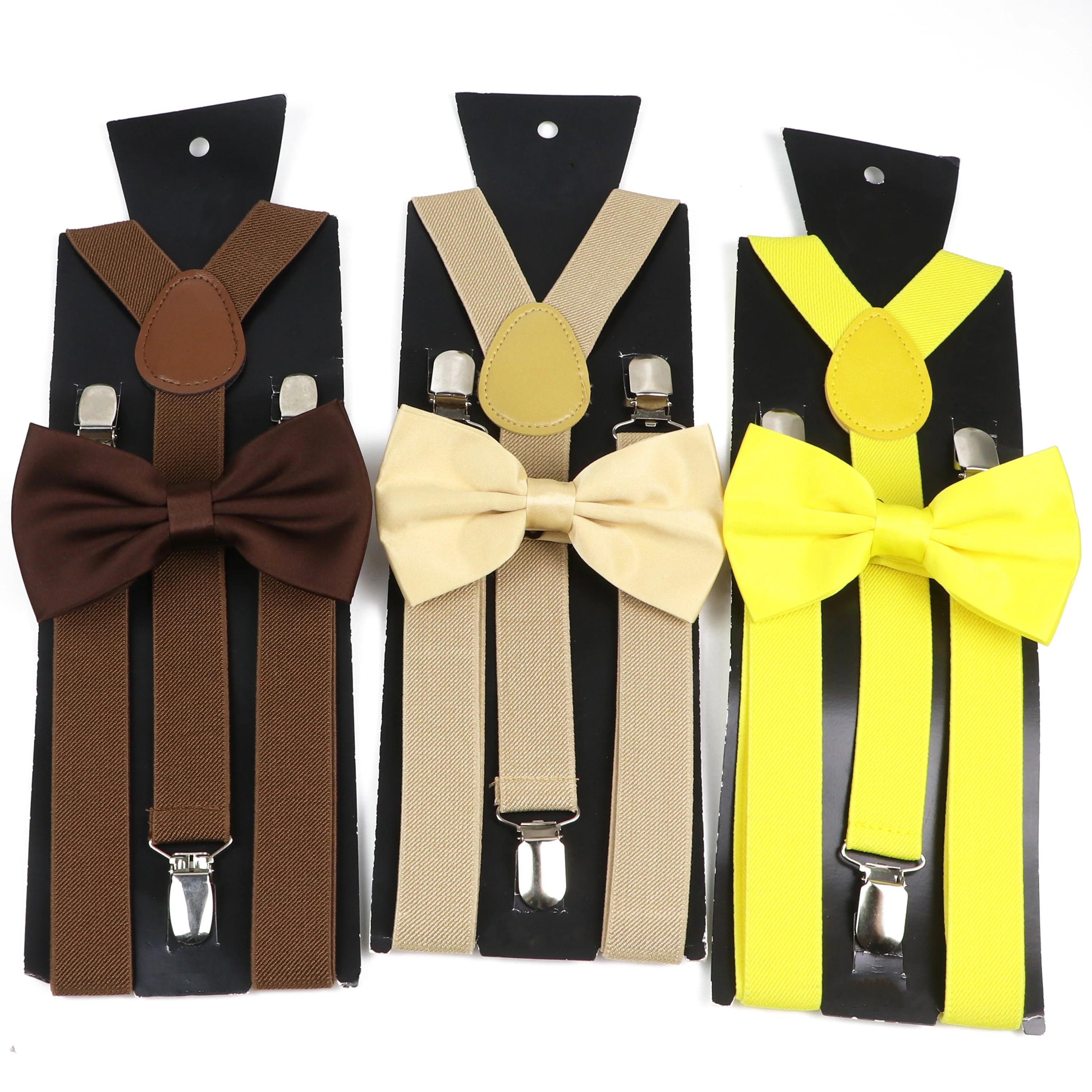 Fashion Men Kids Suspender Bowtie Sets For Wedding Party Festival Gift Brown Khaki Elastic Y-back Straps Pants Shirt Accessory
