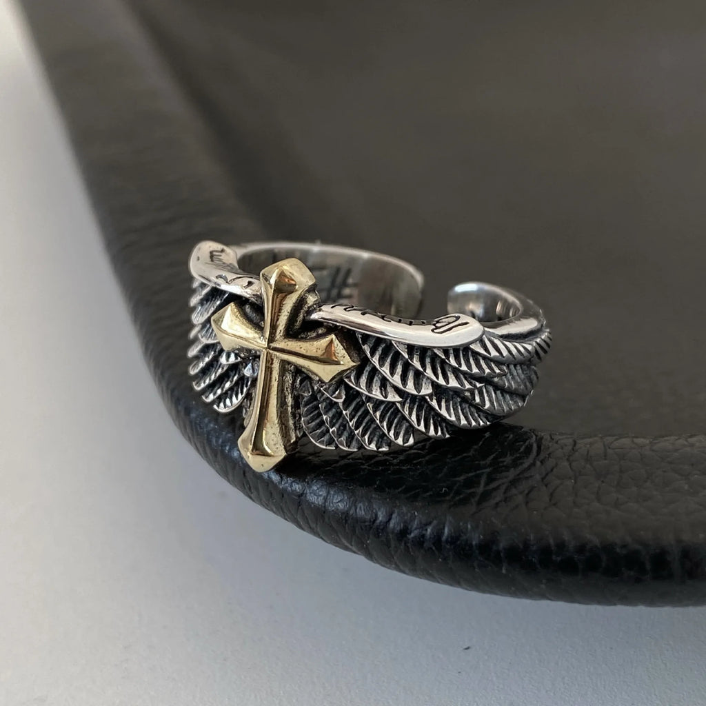 Retro Cross Feather Graffiti Ring For Men Punk Gothic Adjustable Ring Handmade Rock Hiphop Unisex Jewelry Accessories Man Gift