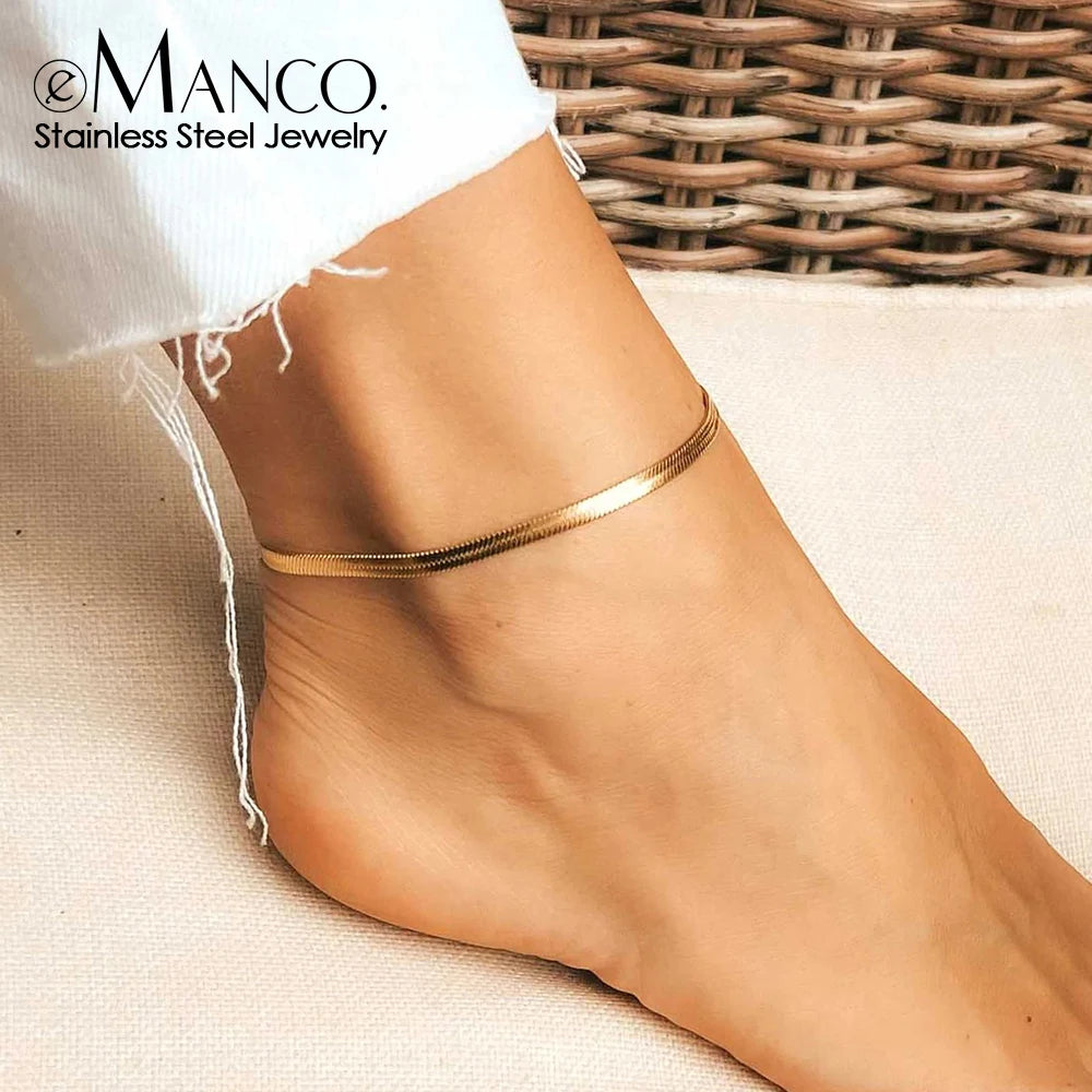 EManco 4MM Snake Chain Anklet Womens/Girls Beach Chain Stainless Steel Anklet Gift Non-Allergenic Drop/Wholesale