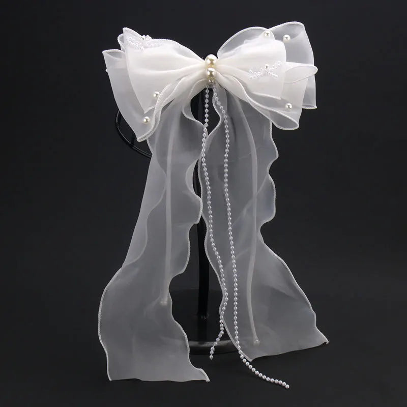 Long Ribbon Mesh Bow Women Hair Clips Elegant Pearls HairBands White Mesh Hairpins Wedding Party Bride Hair Accessories