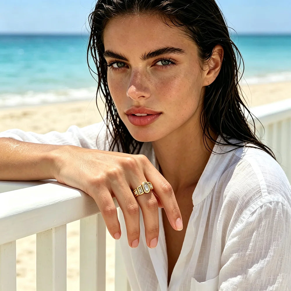 E.B.belle High Quality Geometric Clear Zircon Ring Classic Style18k Gold Plated Popular Jewelry Charm Hypoallergenic