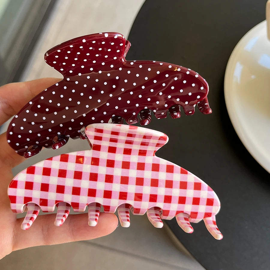 Fashion Large Hair Claw Clips for Women Girls Retro Checkered Polka Dot Strong Hold Non-slip Hair Accessories for Everyday Wear