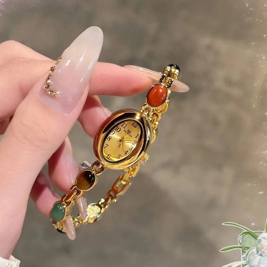 Luxury Vintage Quartz Women's Watches Fashion Natural Green Jade Bracelet Clock Numerals Small Oval Dial Watch Woman Accesories