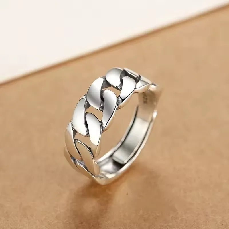 Sam Panda 925 Sterling Silver Rings For Women Men Fine Jewelry Finger Adjustable Open Vintage Chain Ring For Party Birthday Gift