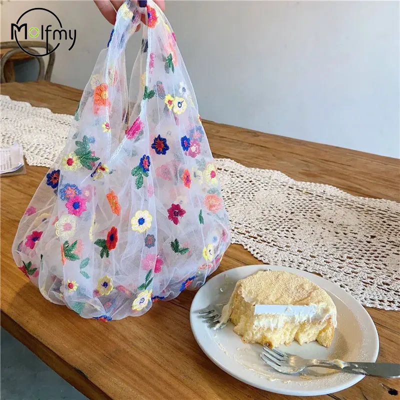 Transparent Women's Bag Silk Mesh Embroidery Flower Designer Luxury Bags Small Fresh Shopping Tote Bag Carteras Para Mujeres
