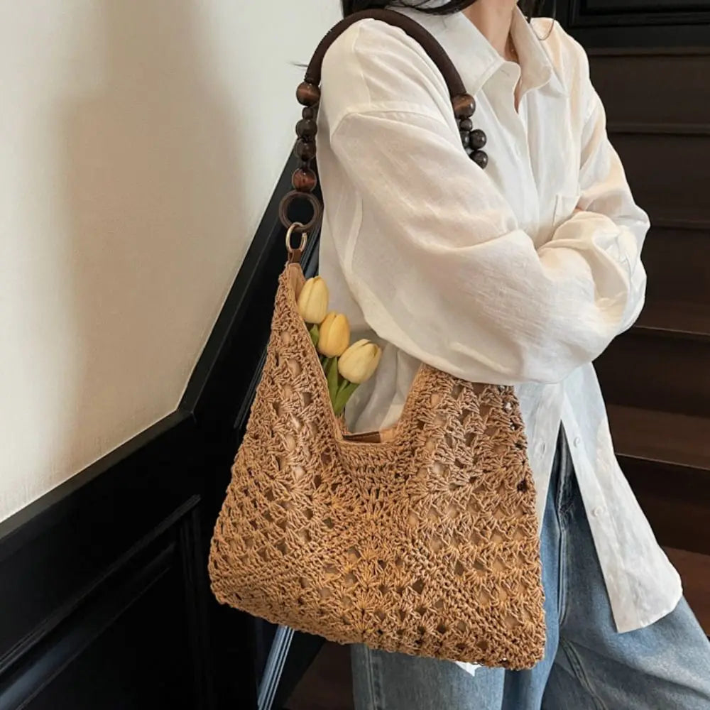 Hollow Out Straw Woven Bag Tote Bag Beach Handbag Bohemian Beach Bag Large Capacity Bucket Bag Hollow Shoulder Bag Holiday