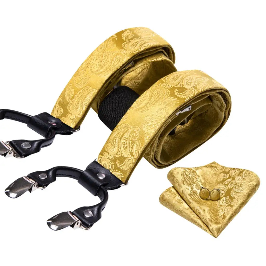Barry.Wang Luxury Silk Mens Suspender Hanky Cufflinks Tie Set Adjustable Clip On Braces Self Necktie Male Wedding Business Gift