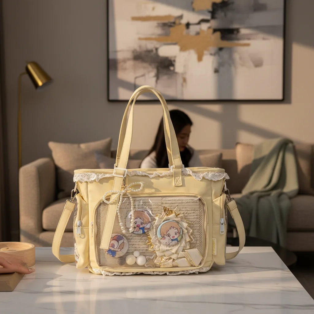 Kawaii Ita Bag Lace Lolita Tote Bag Clear Window Crossbody Shoulder Bag Japanese Style Diy Badge Display Handbag For Anime Fans