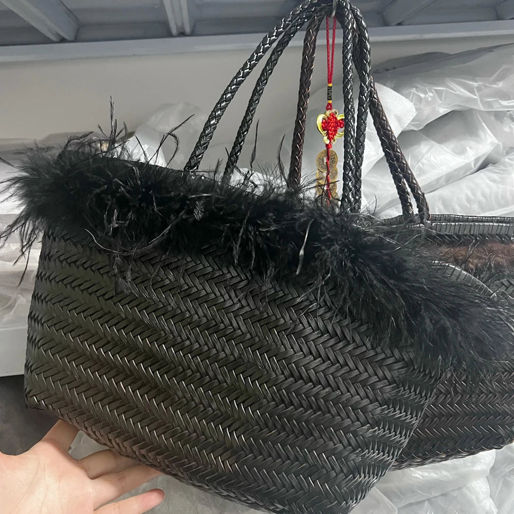 Women Leather Weave Handbags Feminine Handmade Woven Bucket Bag With Cotton Inner Pockets Casual Knitting Leather Handle Bags