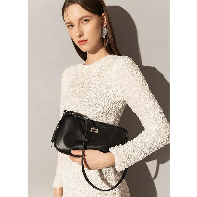2026 Spring New Luxury Brand Women Shoulder Bags Split Leather Black Handbags Women Fashion Gold Buckle Underarm Bags