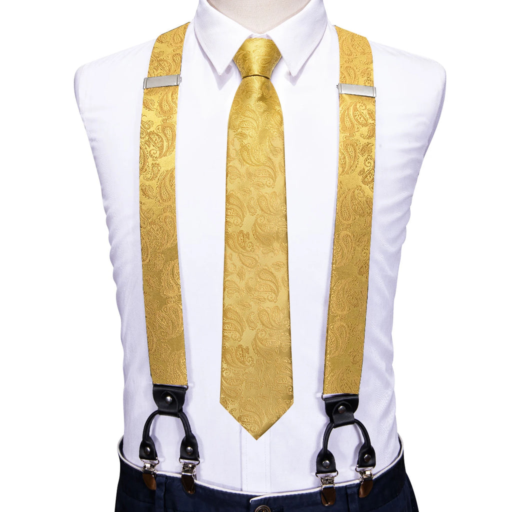 Barry.Wang Luxury Silk Mens Suspender Hanky Cufflinks Tie Set Adjustable Clip On Braces Self Necktie Male Wedding Business Gift