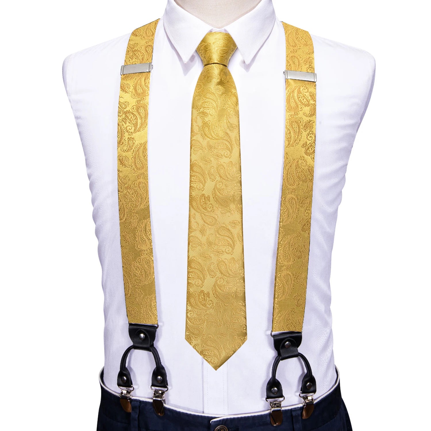 Barry.Wang Luxury Silk Mens Suspender Hanky Cufflinks Tie Set Adjustable Clip On Braces Self Necktie Male Wedding Business Gift